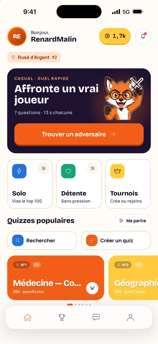 L’accueil de l’app, avec le bouton « Trouver un adversaire ».