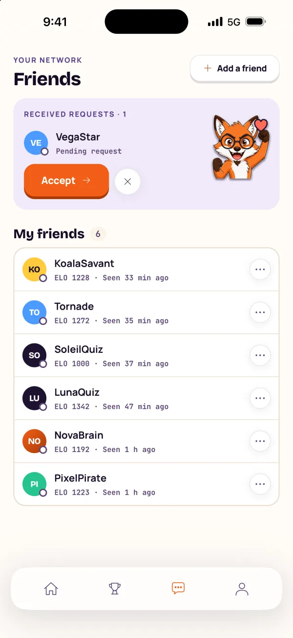 The “Friends” screen in 17Quizz: a received request and the friends list.