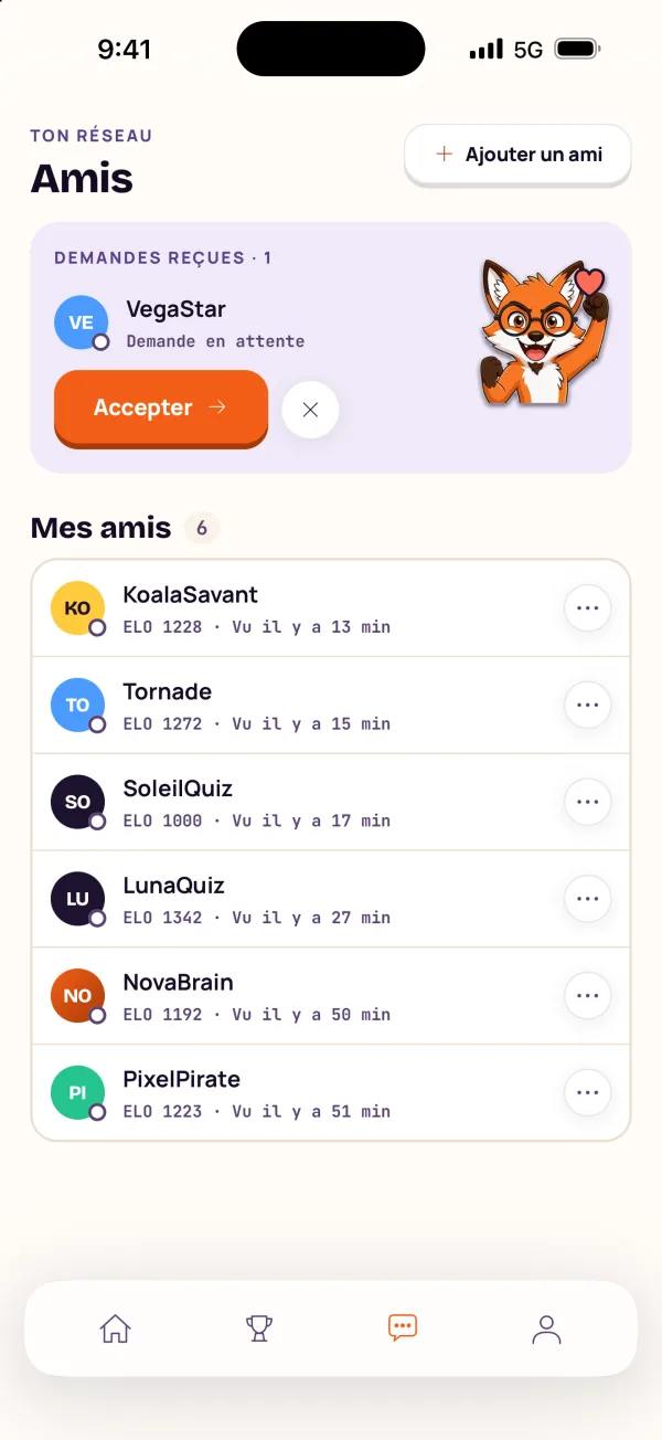 L’écran « Amis » : une demande reçue et la liste d’amis.