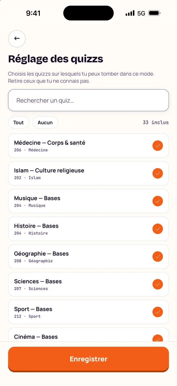 Le réglage des quiz : les thèmes de questions à inclure.