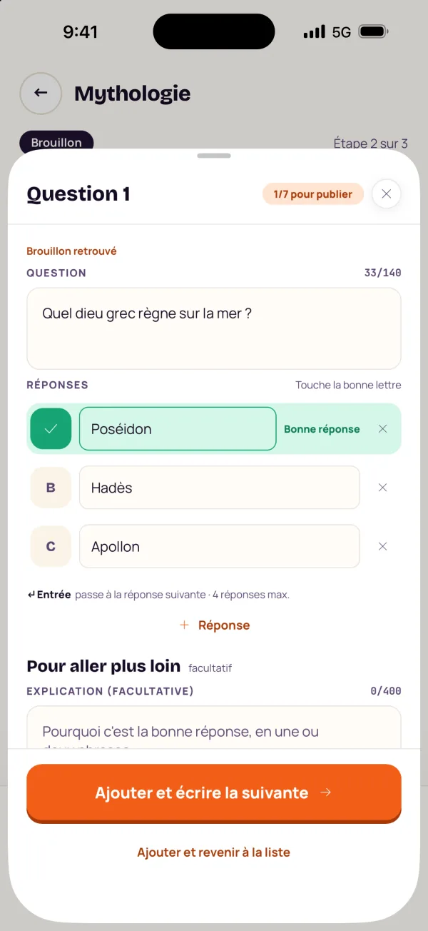 L’écran de création d’une question : l’intitulé, trois réponses et la bonne réponse cochée.