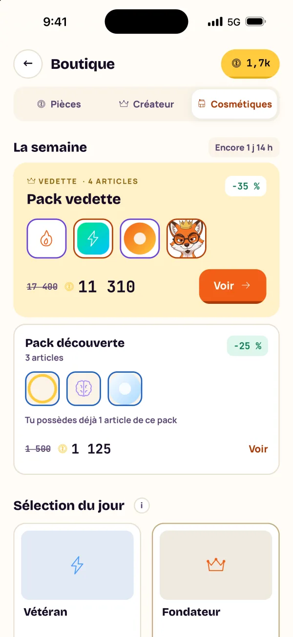 La boutique : le pack de la semaine et la sélection du jour.