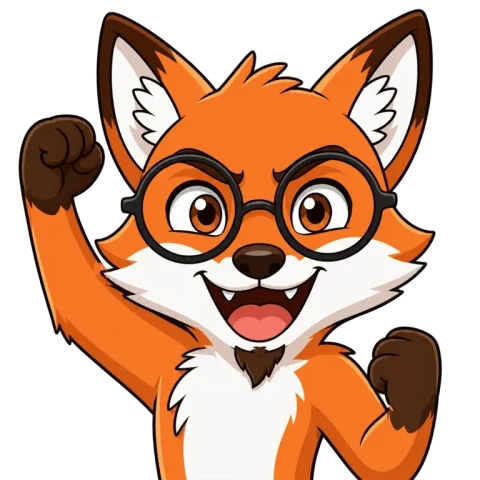 La mascotte de 17Quizz, un renard à lunettes, les poings levés.
